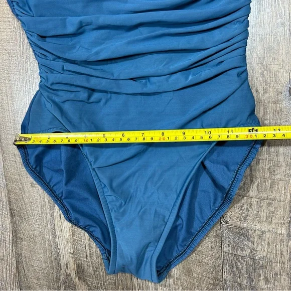 Miraclesuit Ruched One Piece Swimsuit Size 10 Teal Blue Slimming Lined Underwire - Picture 12 of 14